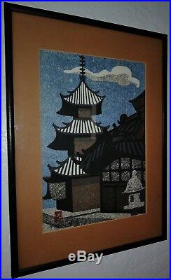 Signed Japanese Wood Block Print Kiyoshi Saito Village Scene with Pagoda
