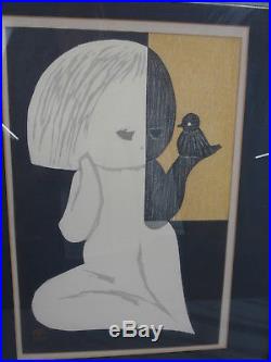 Signed Kaoru Kawano Woodblock Print Girl with Bird Japanese Modernism MCM 10 x 15