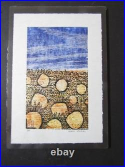 Sunflower Field Flowers woodcut woodblock print Japanese moku hanga Washi signed