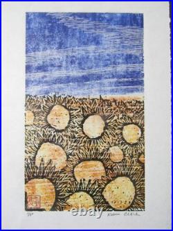 Sunflower Field Flowers woodcut woodblock print Japanese moku hanga Washi signed