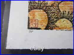 Sunflower Field Flowers woodcut woodblock print Japanese moku hanga Washi signed