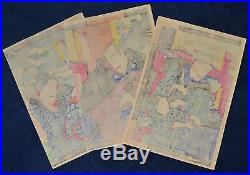 Superb Antique Japanese Woodblock Prints Tryptich By Chikanobu Dated 1884