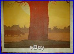 TOSHI YOSHIDA-Oversized Japanese Woodblock Print-Baobab And Rhino-1979