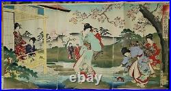 TOYOHARA CHIKANBOBU-Japanese Woodblock Triptych-Ladies In Cherry Orchard-Meiji