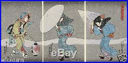 TOYOKUNI JAPANESE Triptych Hand Printed Woodblock Print -Heavy Snow at Years End