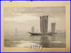 T. Kobayashi Japanese boats on water watercolor painting woodblock print