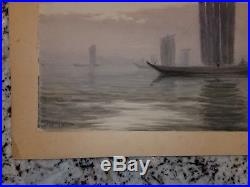 T. Kobayashi Japanese boats on water watercolor painting woodblock print