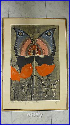 Tadashi Nakayama Butterfly and Flower Sosaku Hanga Japanese Woodblock Print