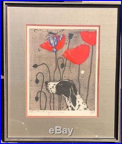 Tadashi Nakayama Japanese Woodblock Print 1968 4/85 Poppies Flowers Dog Pointer