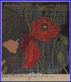 Tadashi Nakayama Japanese Woodblock Print Girl With Poppies 1956