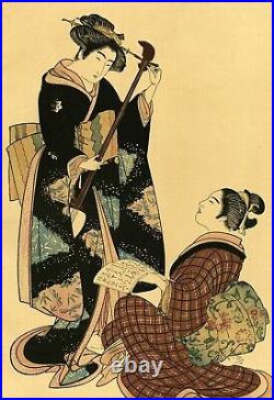 Taisho era SHIGEMASA Japanese Woodblock Reprint REHEARSING WITH A SHAMISEN