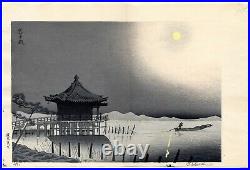 Tomikichiro TOKURIKI Biwa Lake at Night antique Japanese woodblock print