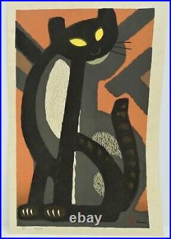 Tomoo Inagaki Long Tail Cat Woodblock Japanese Print Art 1982