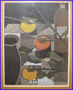 Toru Mabuchi 1962 Modernist Japanese Color Woodblock of Persimmons Listed