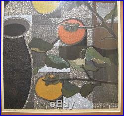 Toru Mabuchi 1962 Modernist Japanese Color Woodblock of Persimmons Listed