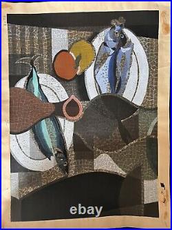 Toru Mabuchi Japanese Artist Woodblock Print Dried Fish on the Table 1963 49/100