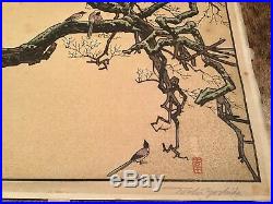Toshi Yoshida Japanese Woodblock Print Plum Tree And Blue Magpie Pencil Signed