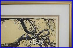 Toshi Yoshida Plum Tree And Blue Magpie Japanese Woodblock Print Pencil Signed