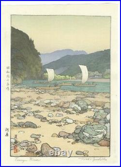 Toshi Yoshida, Tenryu River, Sailing, Landscape, Original Japanese Woodblock Print
