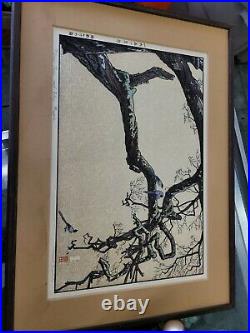 Toshi Yoshida Wood Block Print Signed PreOwned Plum Tree and Blue Magpie
