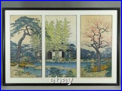 Toshi Yoshida original woodblock print in framed Japanese garden signed