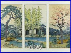 Toshi Yoshida original woodblock print in framed Japanese garden signed