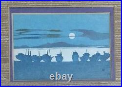 Toshijiro (nenjiro) InagakiJAPANESE WOODBLOCK PRINT MODERNIST Boats Moonlight