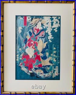 Toyohara Kunichika Original Antique Woodblock 1865 Modern Beauty Japan Framed