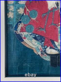 Toyohara Kunichika Original Antique Woodblock 1865 Modern Beauty Japan Framed