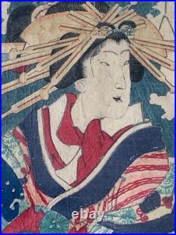 Toyohara Kunichika Original Antique Woodblock 1865 Modern Beauty Japan Framed