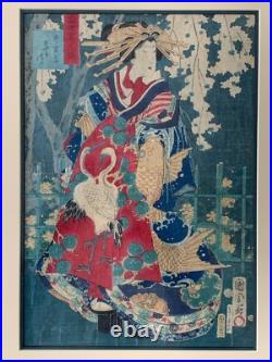 Toyohara Kunichika Original Antique Woodblock 1865 Modern Beauty Japan Framed