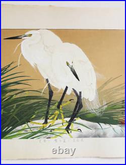 Tsuchiya Rakuzan Straw-raincloaked Little Egrets (Winter) woodblock print