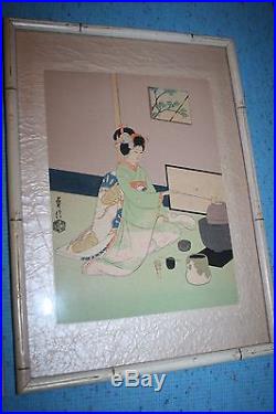 Two Vintage Japanese Woodblock Prints Geisha Girls Signed Unknown Artist