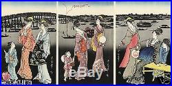 UTAMARO JAPANESE Triptych Hand Printed Woodblock Print Fireworks at Ryogoku