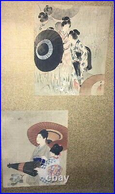 Unusual Antique Japanese 3 Panel Screen Painting with 6 Original Woodblock Prints