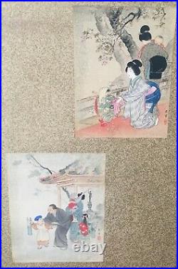 Unusual Antique Japanese 3 Panel Screen Painting with 6 Original Woodblock Prints