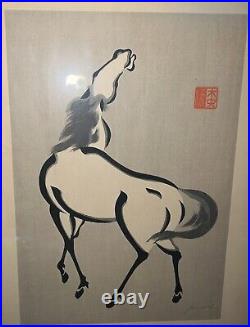 Urushibara Mokuchu 1888-1953 White Horse Japenese Woodblock Silk Signed