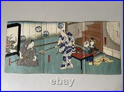 Utagawa Hirosada Japanese Woodblock Print Ukiyo-e Tryptich Kabuki F8