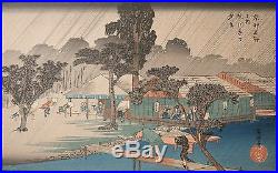 Utagawa Hiroshige, Evening Rain at Tadasugawara, Kyoto Woodblock, Framed RARE