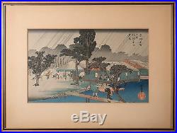 Utagawa Hiroshige, Evening Rain at Tadasugawara, Kyoto Woodblock, Framed RARE