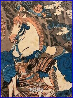 Utagawa Kuniyoshi Triptych Woodblock Yoshitsune's Troop Attacking the Heike 1839