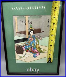 VTG Original Framed Japanese Wood Block Print Geisha Girl Flower Branch Signed