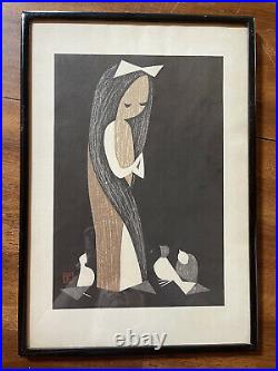 Vintage 1950 Japanese Woodblock Print Kaoru Kawano Doves and Girl Pencil Signed