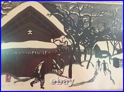 Vintage 40's 50's Japanese artist KIYOSHI SAITO Aizu Skiers Woodblock PRINT