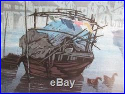 Vintage Framed Japanese Woodblock Print Boats In A Harbor