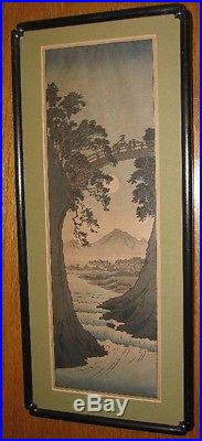 Vintage Hiroshige Monkey Bridge Woodblock Print with Frame