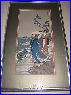 Vintage Japanese Geishas Walking On Beach Woodblock Print, Framed
