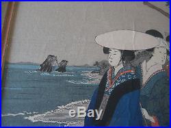 Vintage Japanese Geishas Walking On Beach Woodblock Print, Framed