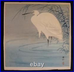 Vintage Japanese Ohara Koson Woodblock print White Egret in a Pond. 10 x10