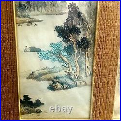 Vintage Japanese Woodblock Print 4 Panel Signed Framed Water Mountain Landscape
